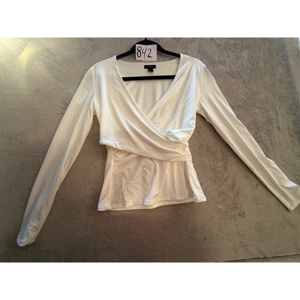 Halogen Wrap Top Womens XS White Long Sleeve Ruched V-Neck Surplice
